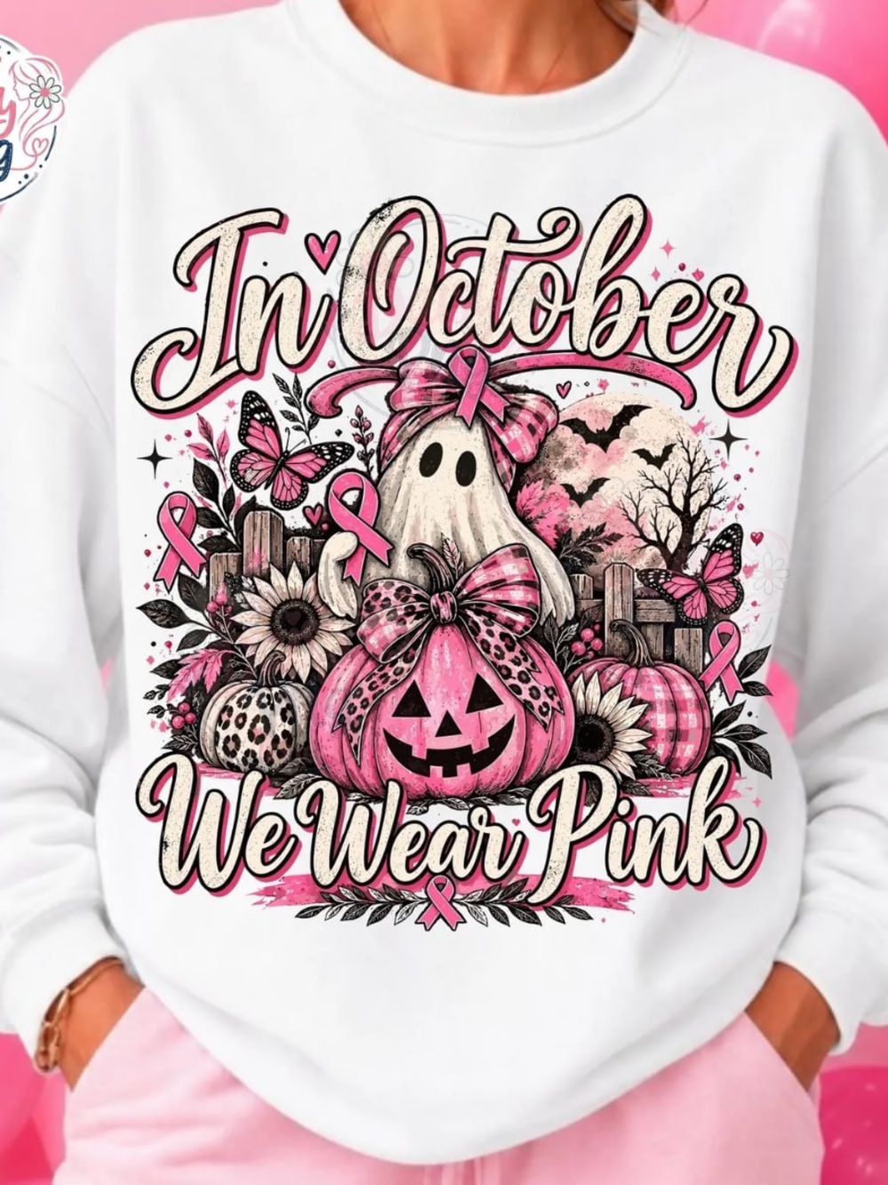 White Pullover - Pink Halloween Breast Cancer Awareness Graphic